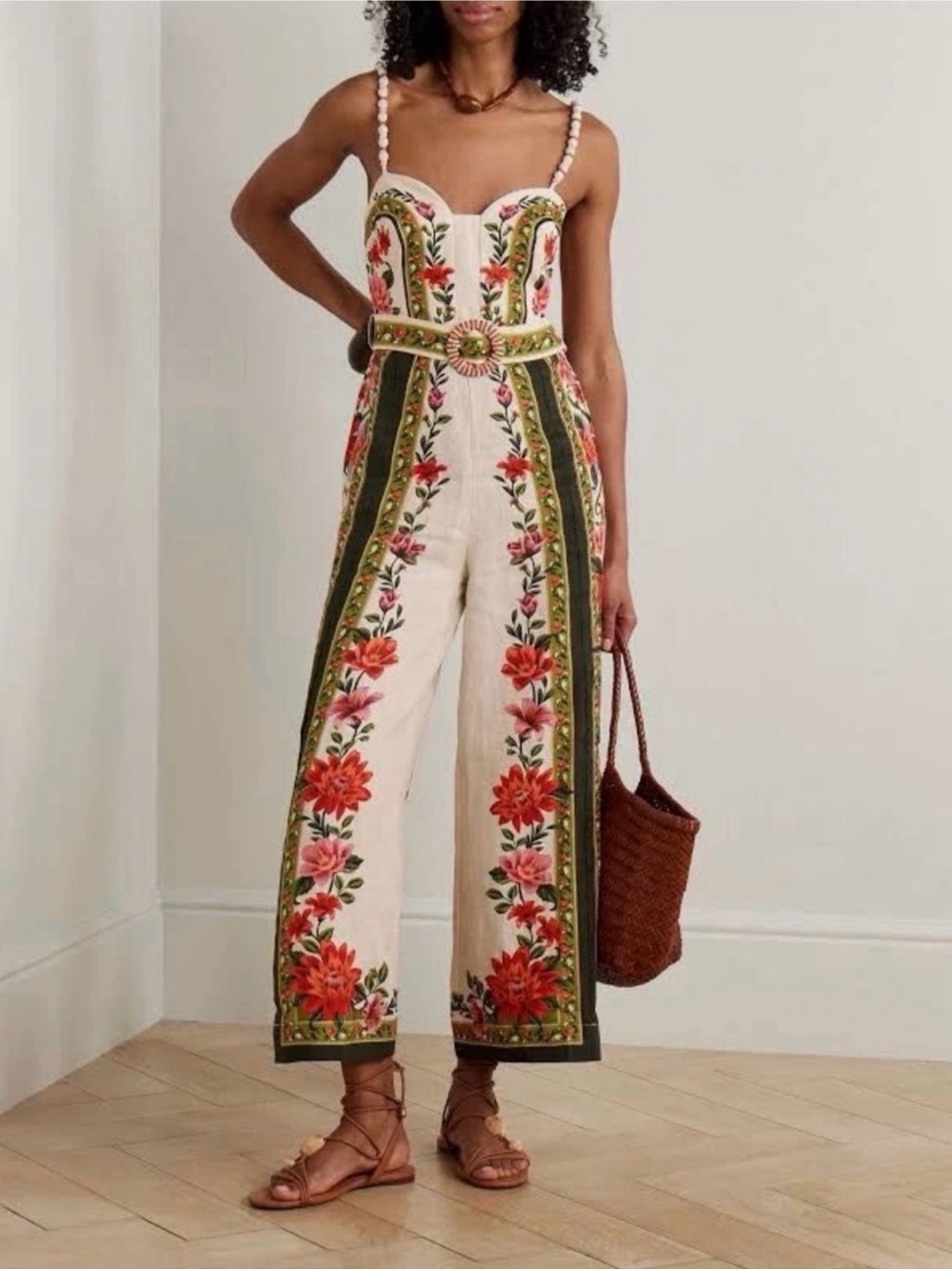 FARM Rio Cream Jumpsuit with Red & Pink Floral Embroidery